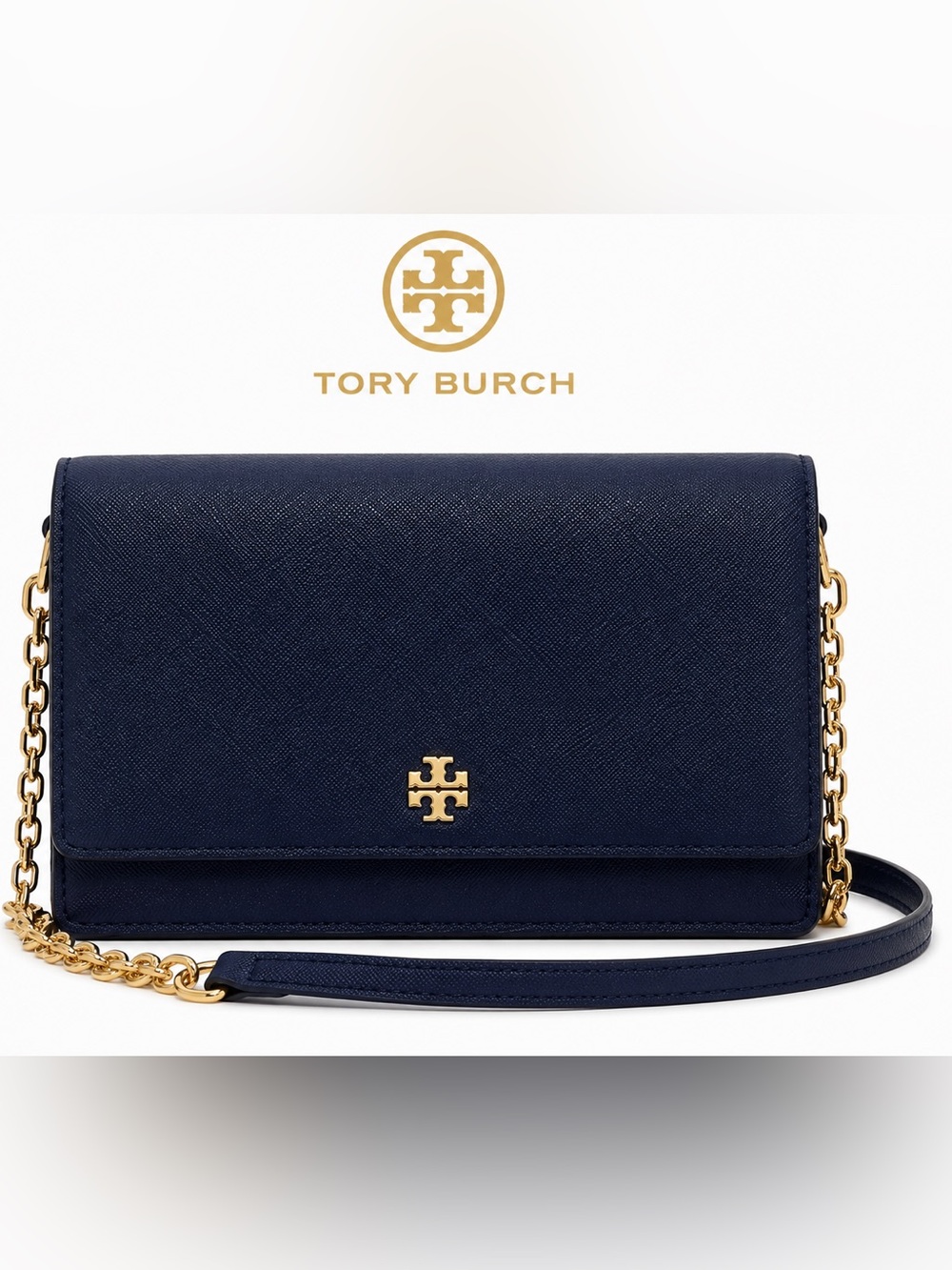 Tory Burch Navy Blue Leather Crossbody Wallet Bag | Gold Chain |never used